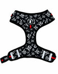 No Pull Dog Harness - Adjustable - Front Clip - black with white XO's on a no pull dog harness with red accents - front and back - Wag Trendz