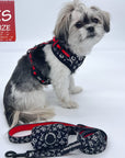 No Pull Dog Harness - Adjustable - Front Clip - small dog wearing black no pull dog harness with white XO's and red accents with matching dog leash and poop bag holder - against a solid white background - Wag Trendz