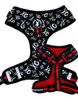 No Pull Dog Harness - Adjustable - Front Clip - black with white XO's on a no pull dog harness with red accents - front and back view - Wag Trendz