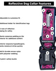 Reflective Dog Collar - Bandana Boujee in Hot Pink with Denim padded backing - with product feature captions - against solid white background - Wag Trendz