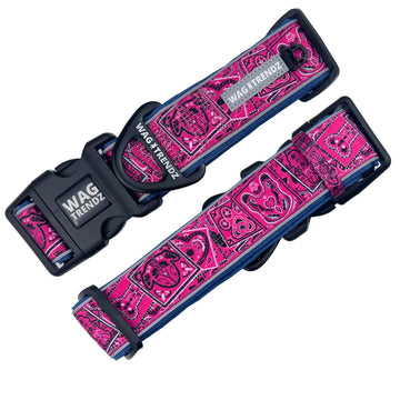 Reflective Dog Collar - Bandana Boujee in Hot Pink with Denim padded backing - front and back view - against solid white background - Wag Trendz