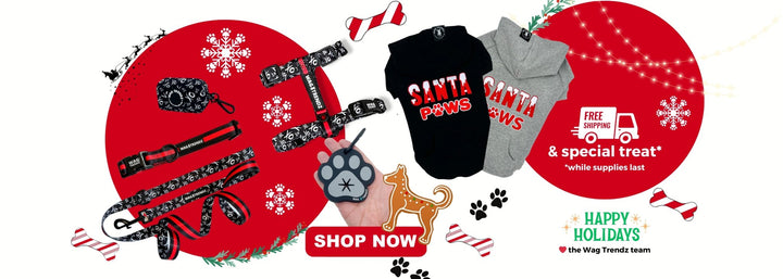 Christmas Dog Clothes + Accessories - Santa Paws Dog Hoodie with red Christmas ornaments and dog gear in the background with XO dog harness, leash, collar and poop bag holder - Wag Trendz