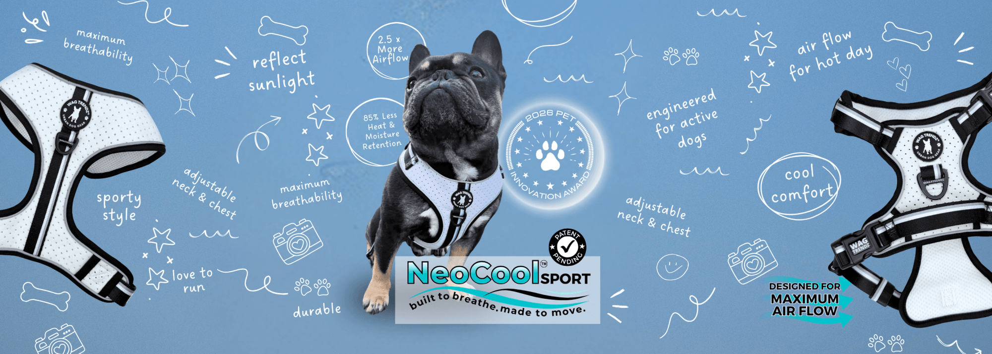 Cooling Dog Harness | NeoCool™ Sport No Pull Dog Harness in white worn by French Bulldog on a blue background - patent pending - maximum airflow