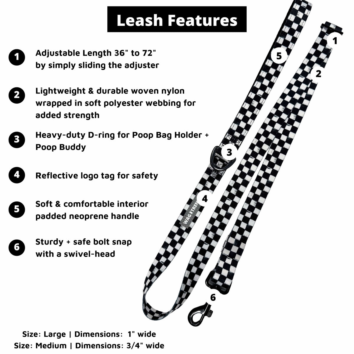Adjustable dog leash features infographic with numbered callouts