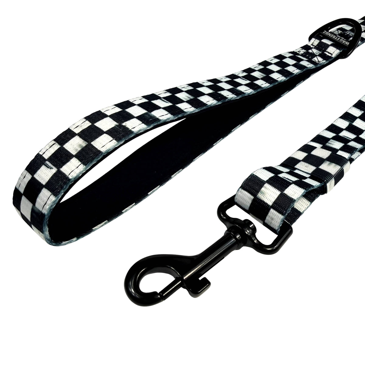 Adjustable dog leash with black and white checkered design and black snap hook
