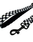 Adjustable dog leash with black and white checkered design and black snap hook