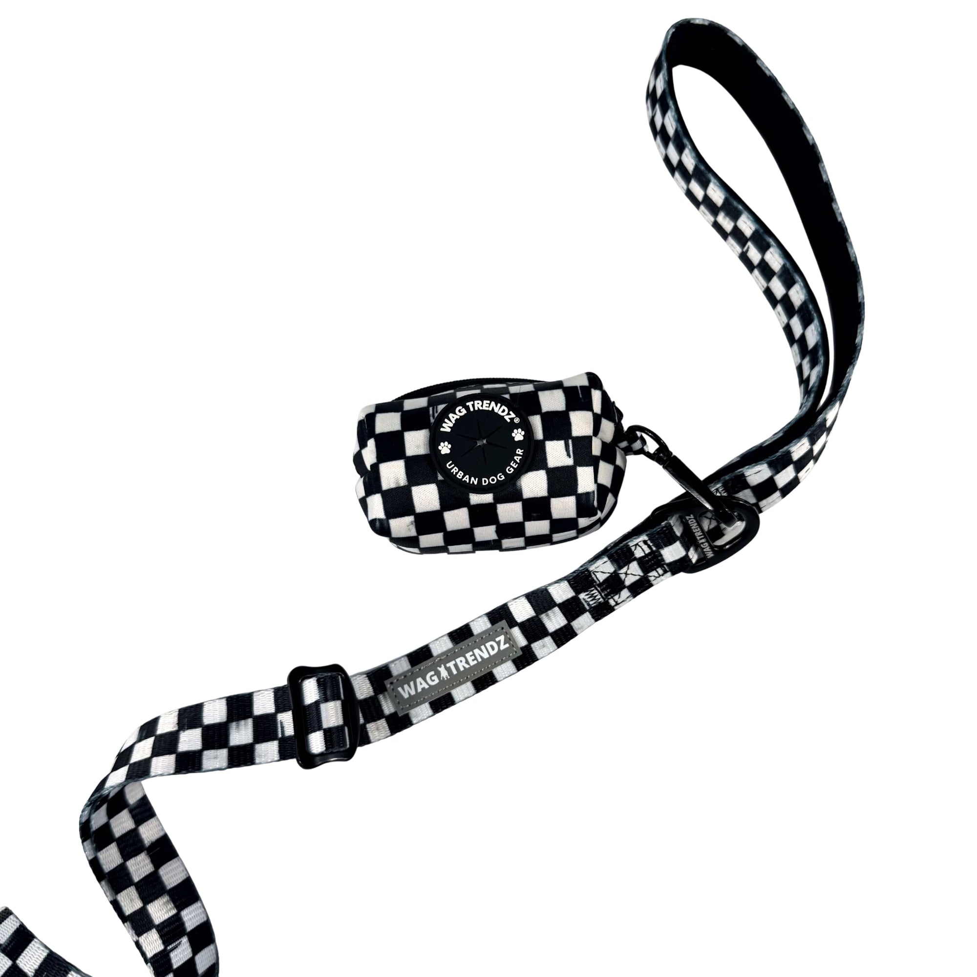 Adjustable dog leash in black and white checkered pattern with matching checkered poop bag holder