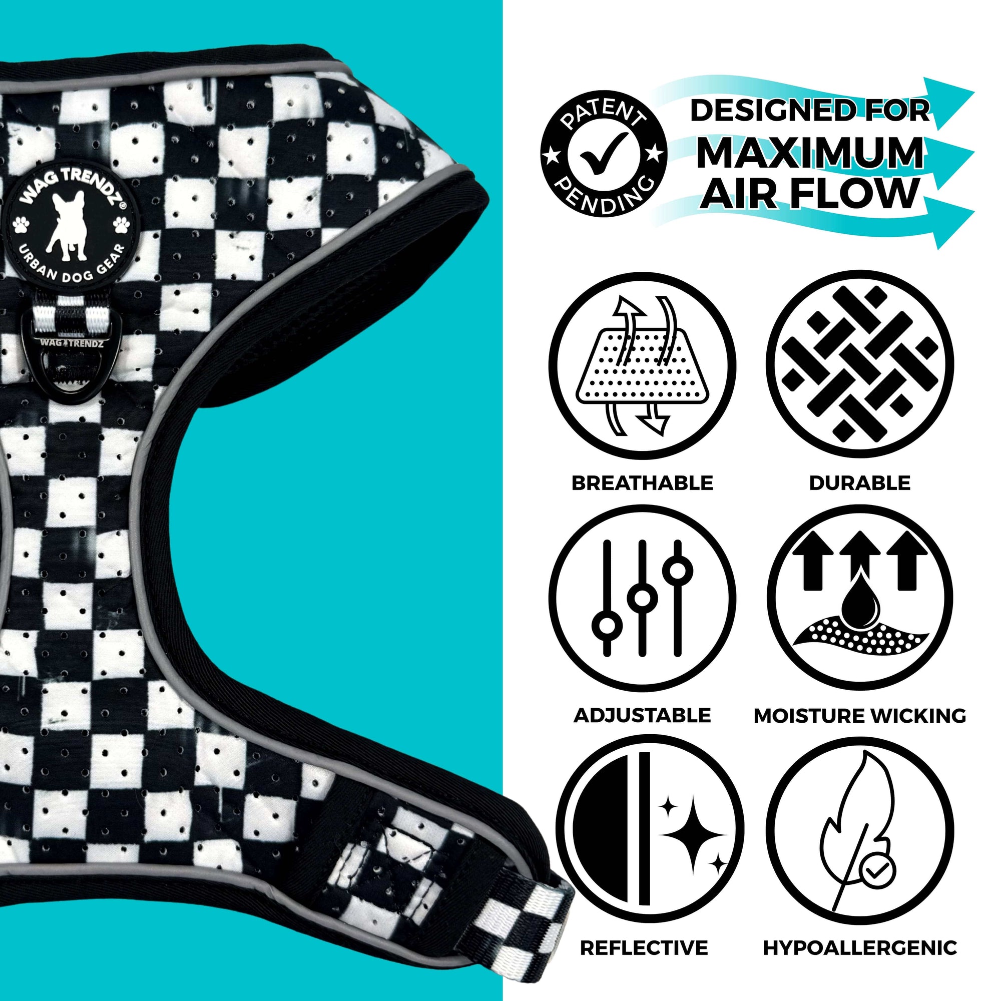 Cooling dog harness in black and white checkered pattern features infographic highlighting breathability, durability, and adjustability