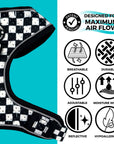 Cooling dog harness in black and white checkered pattern features infographic highlighting breathability, durability, and adjustability