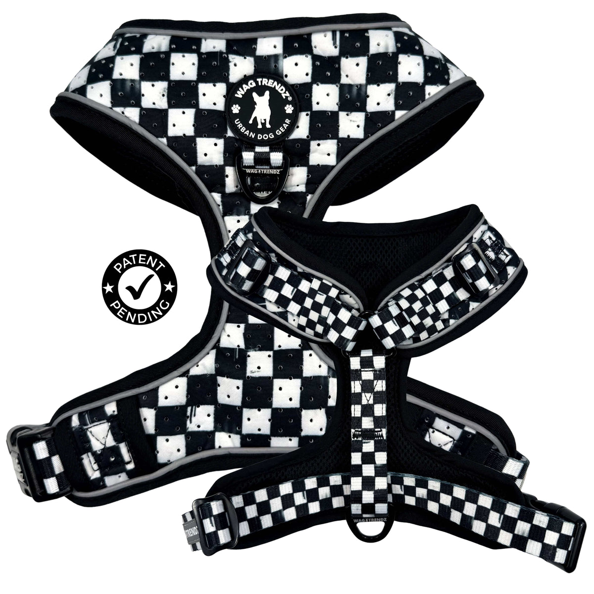 Cooling dog harness with black and white checkered design shown from multiple angles