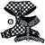 Cooling dog harness with black and white checkered design shown from multiple angles