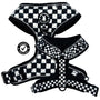Cooling dog harness with black and white checkered design shown from multiple angles