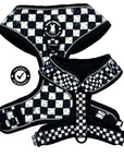 Cooling dog harness with black and white checkered design shown from multiple angles