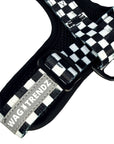 Cooling dog harness with adjustable black and white checkered strap and reflective Wag Trendz® brand label