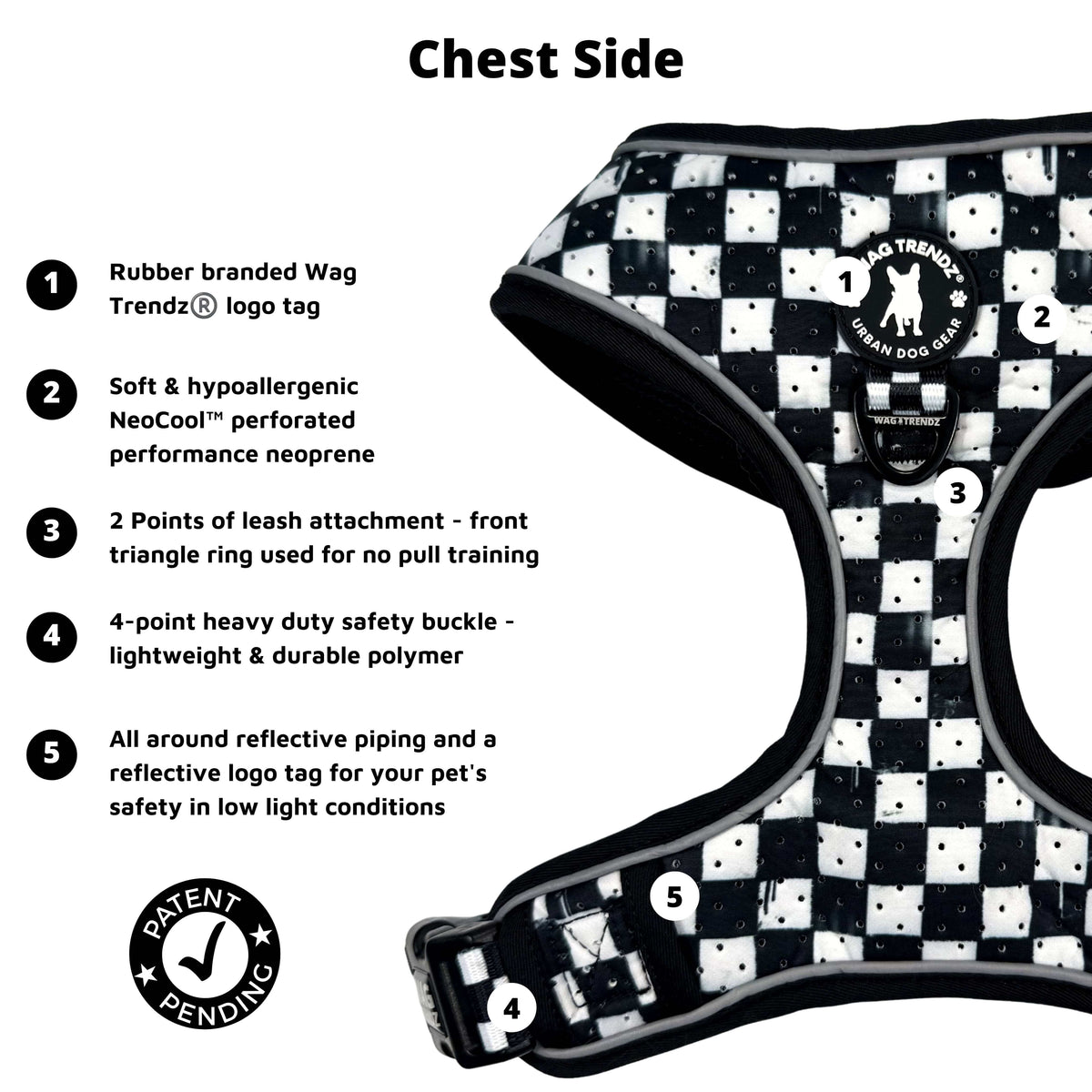 Cooling dog harness chest features infographic with black &amp; white checkered design