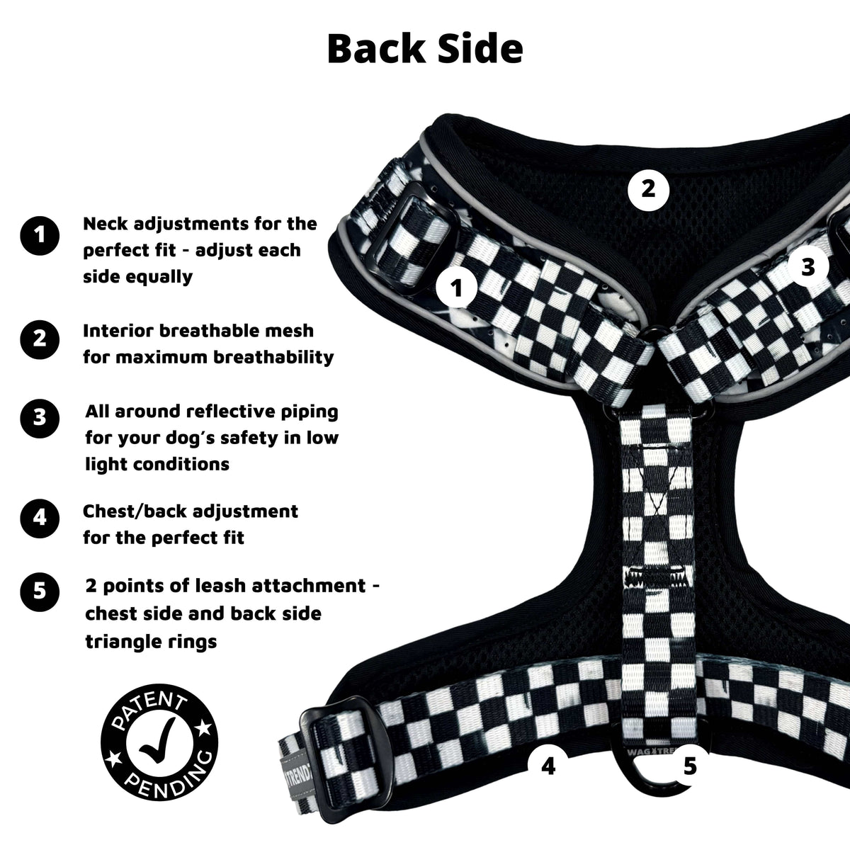 Cooling dog harness in black &amp; white checkered back features infographic with numbered callouts