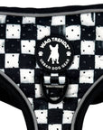 Cooling dog harness with black and white checkered design and breathable perforated neoprene