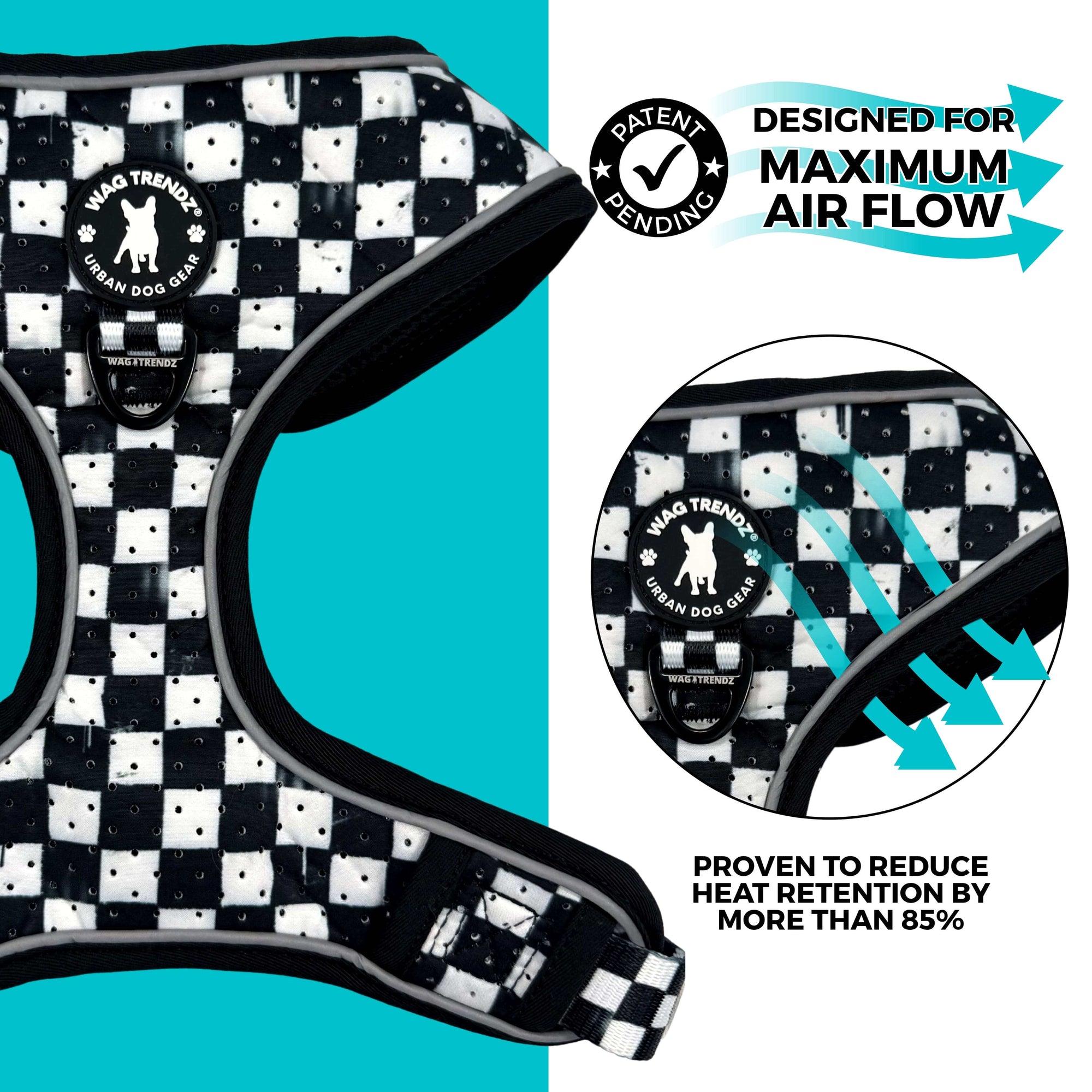 Cooling dog harness in black and white checkered pattern designed for airflow and proven to reduce heat retention by over 85%