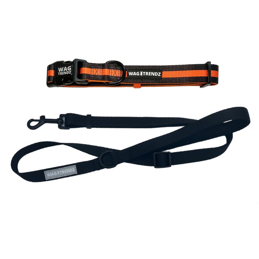 Dog Leash and Collar Set - Black Dog Collar with bold Orange Stripe with solid black adjustable leash in medium - against solid white background - Wag Trendz