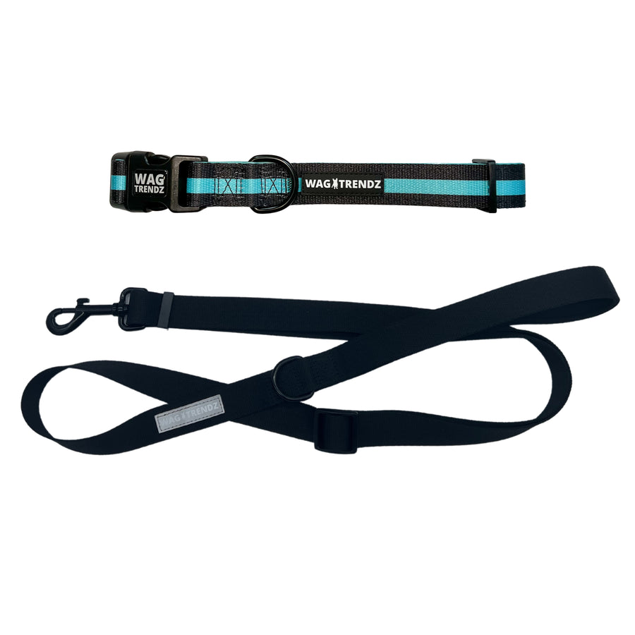 Dog Leash and Collar Set - Black Dog Collar with bold Teal Stripe with solid black adjustable leash in large - against solid white background - Wag Trendz