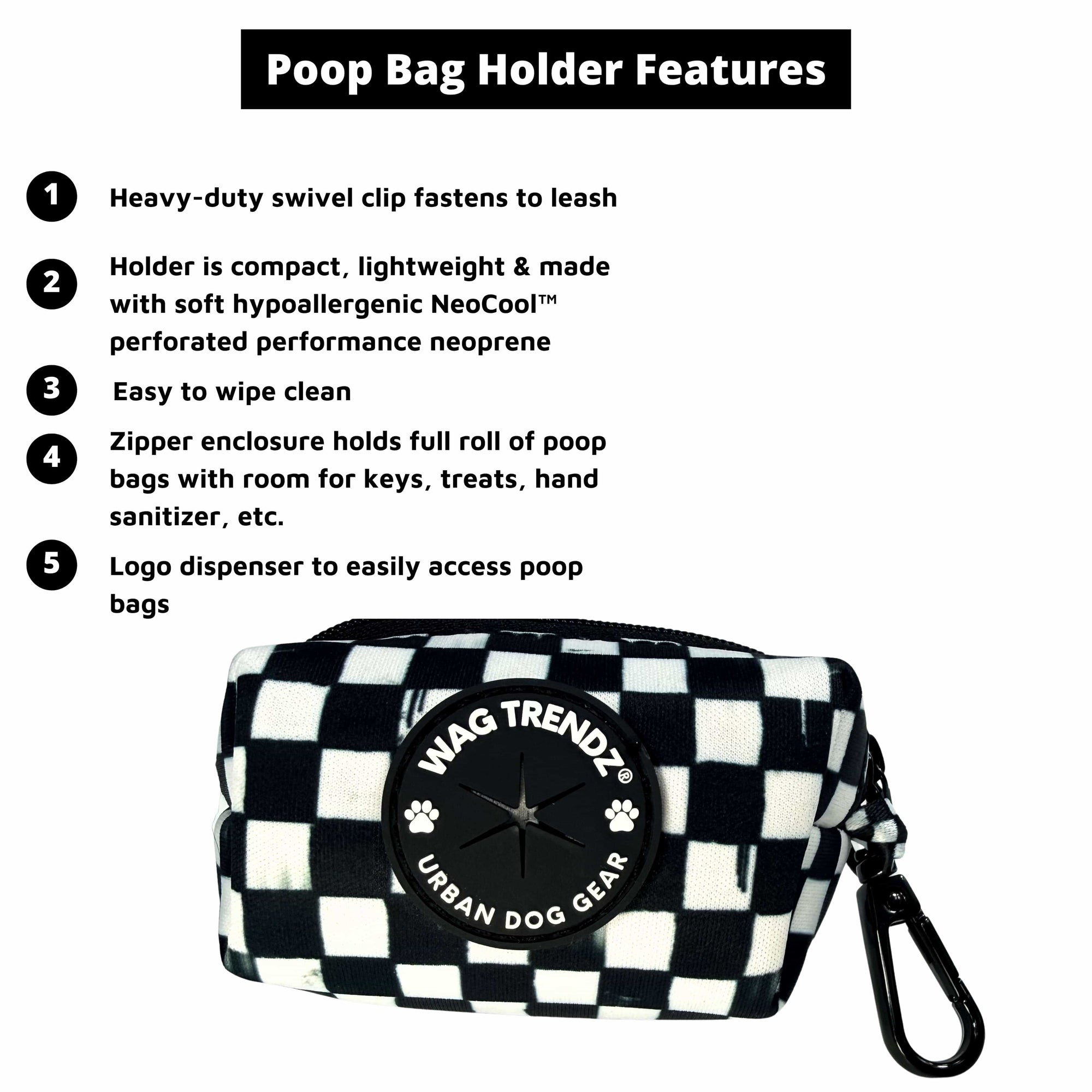 Dog poop bag holder features infographic with black &amp; white checkered pattern and carabiner