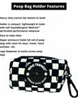 Dog poop bag holder features infographic with black & white checkered pattern and carabiner