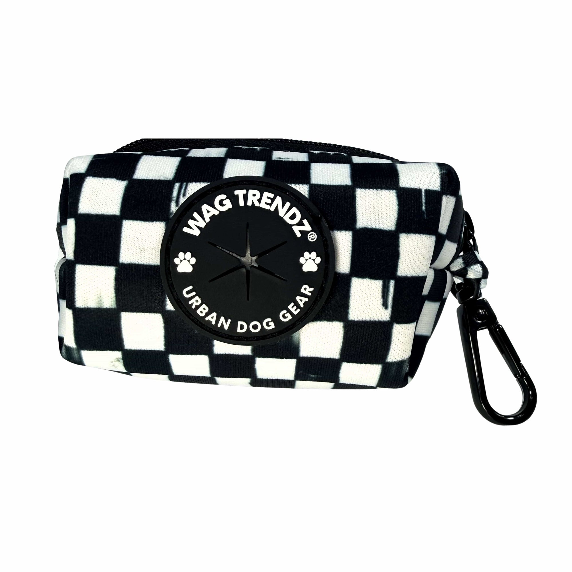 Dog poop bag holder with black and white checkered design and carabiner clip