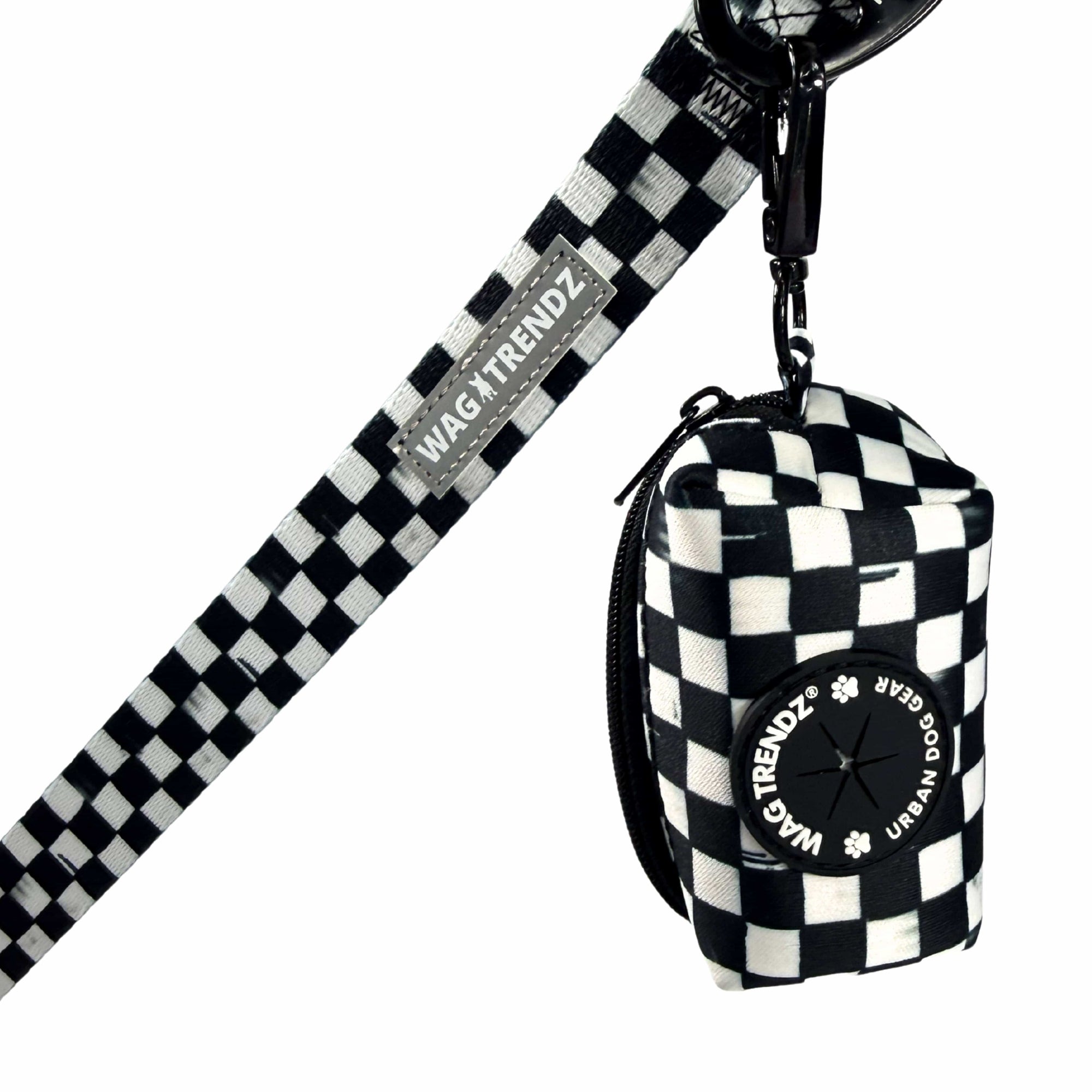 Dog poop bag holder attached to a matching black and white checkered leash