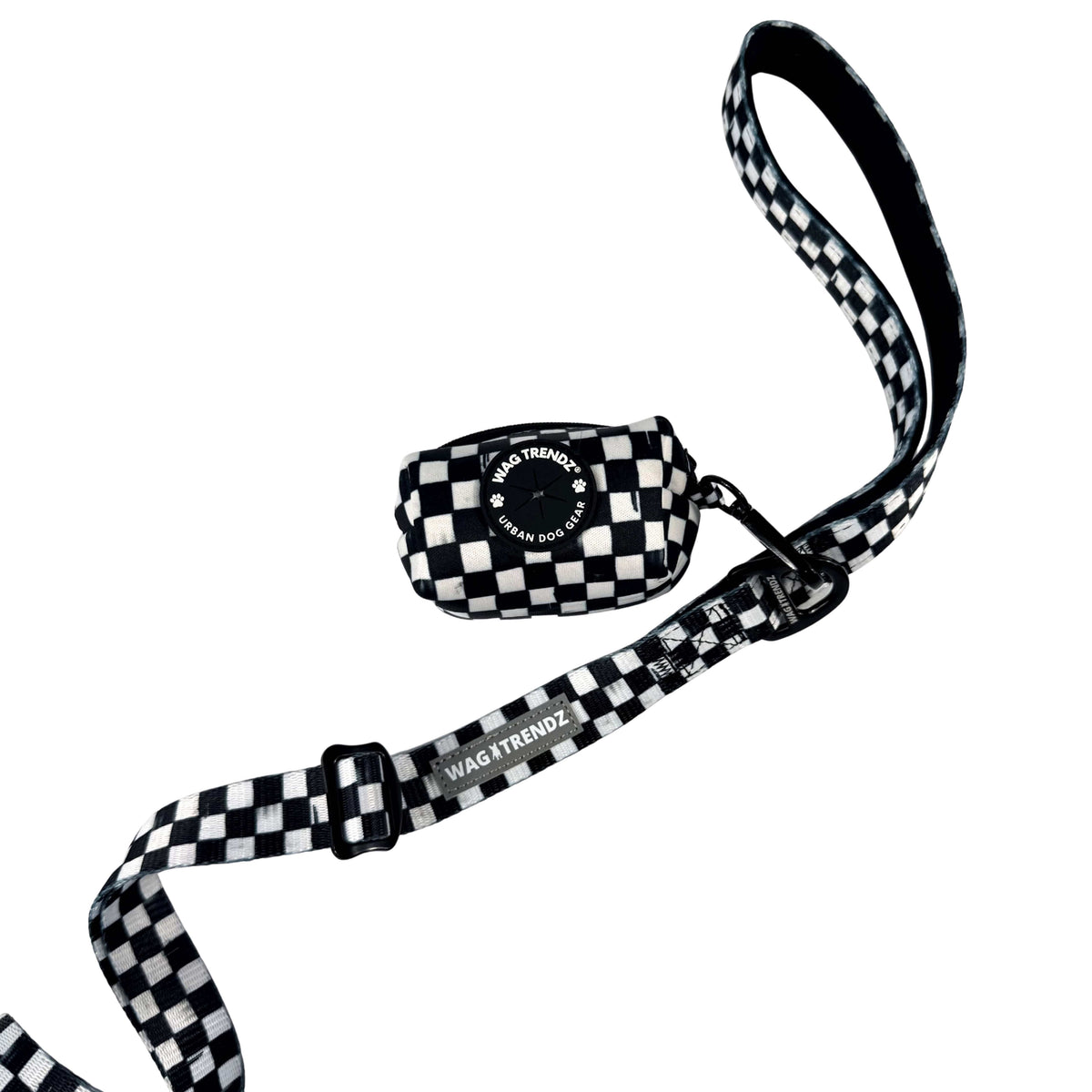 Dog poop bag holder with matching black and white checkered leash and reflective brand label