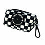 Dog poop bag holder with black and white checkered design and carabiner clip