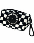 Dog poop bag holder with black and white checkered design and carabiner clip