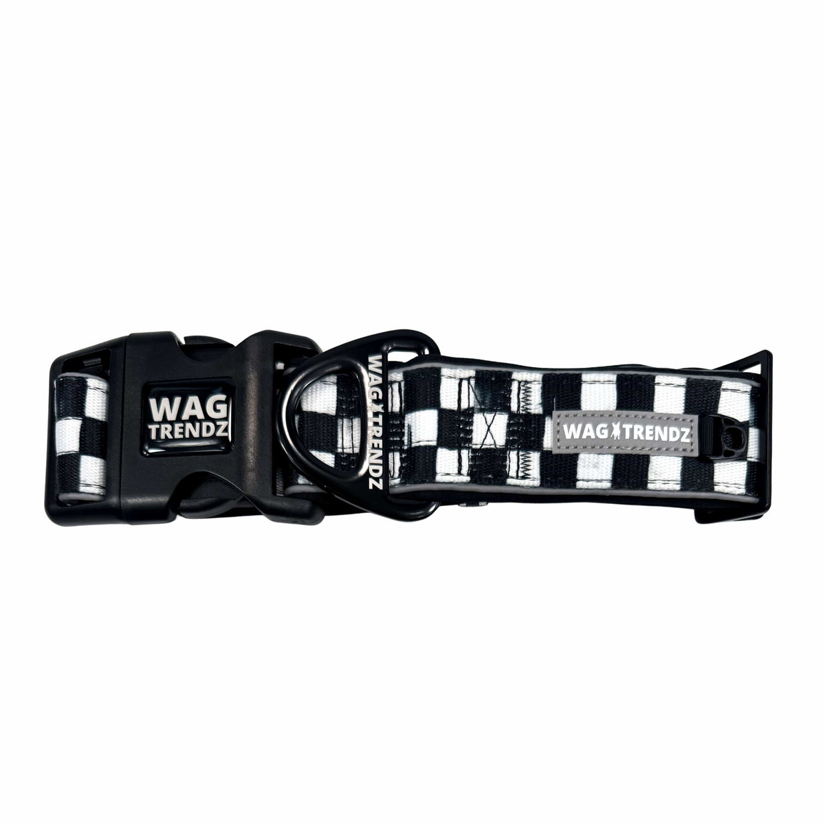 Reflective dog collar with black and white checkered design, buckle, and D-ring