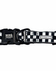 Reflective dog collar with black and white checkered design, buckle, and D-ring
