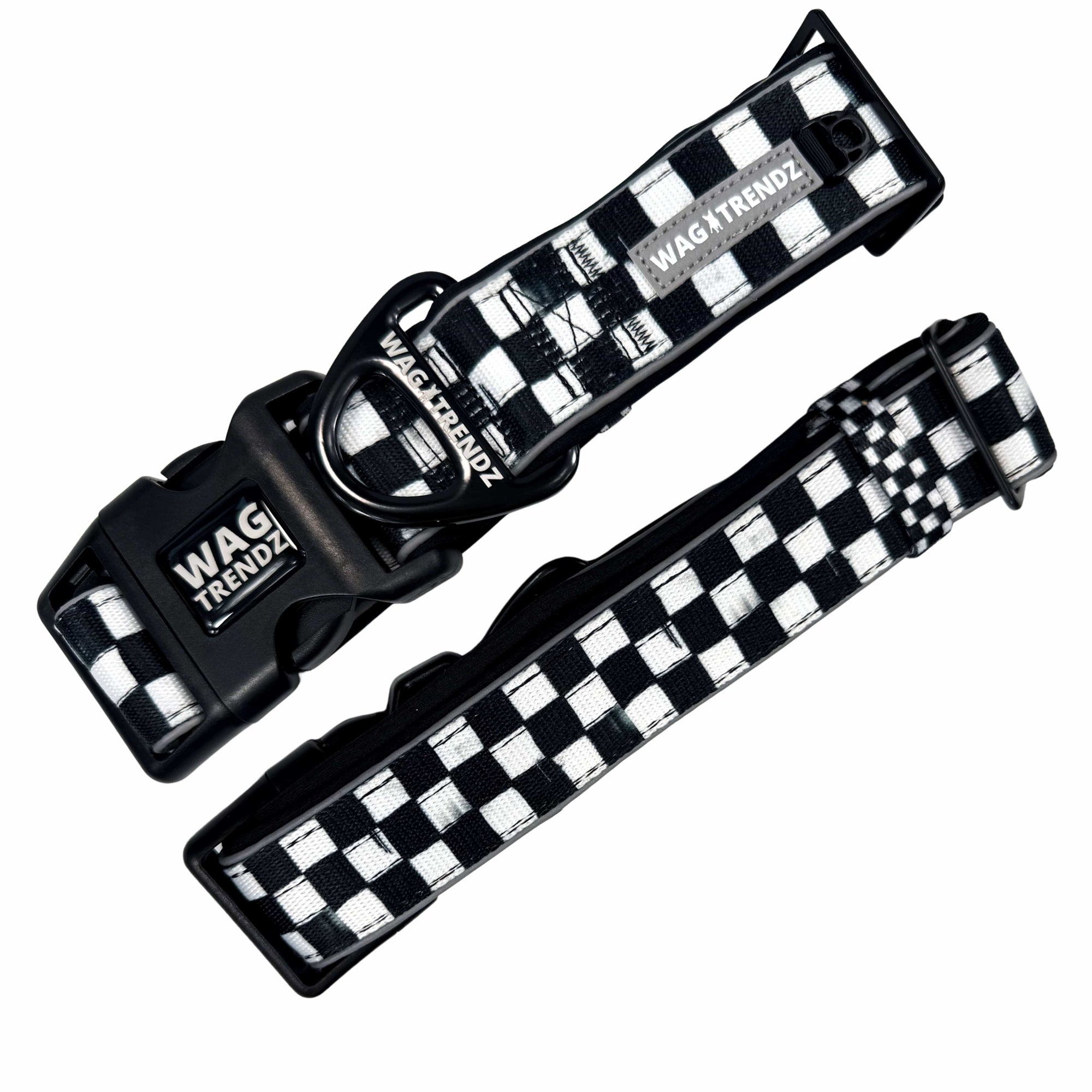 Reflective dog collar with black and white checkered design
