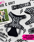 Black and white checkered dog harness, leash, and poop bag holder set with French Bulldog wearing checkered harness
