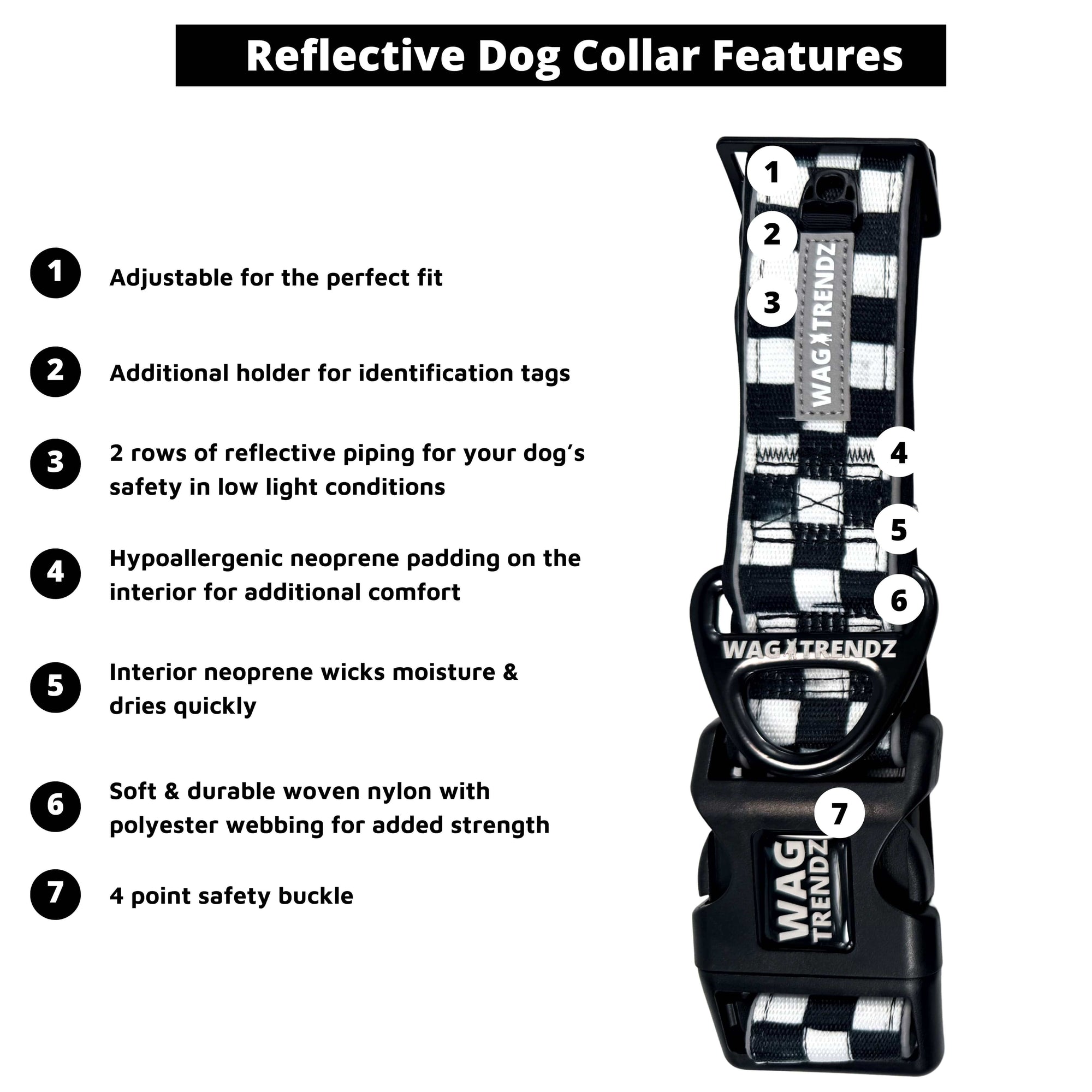 Reflective dog collar features infographic with seven key benefits
