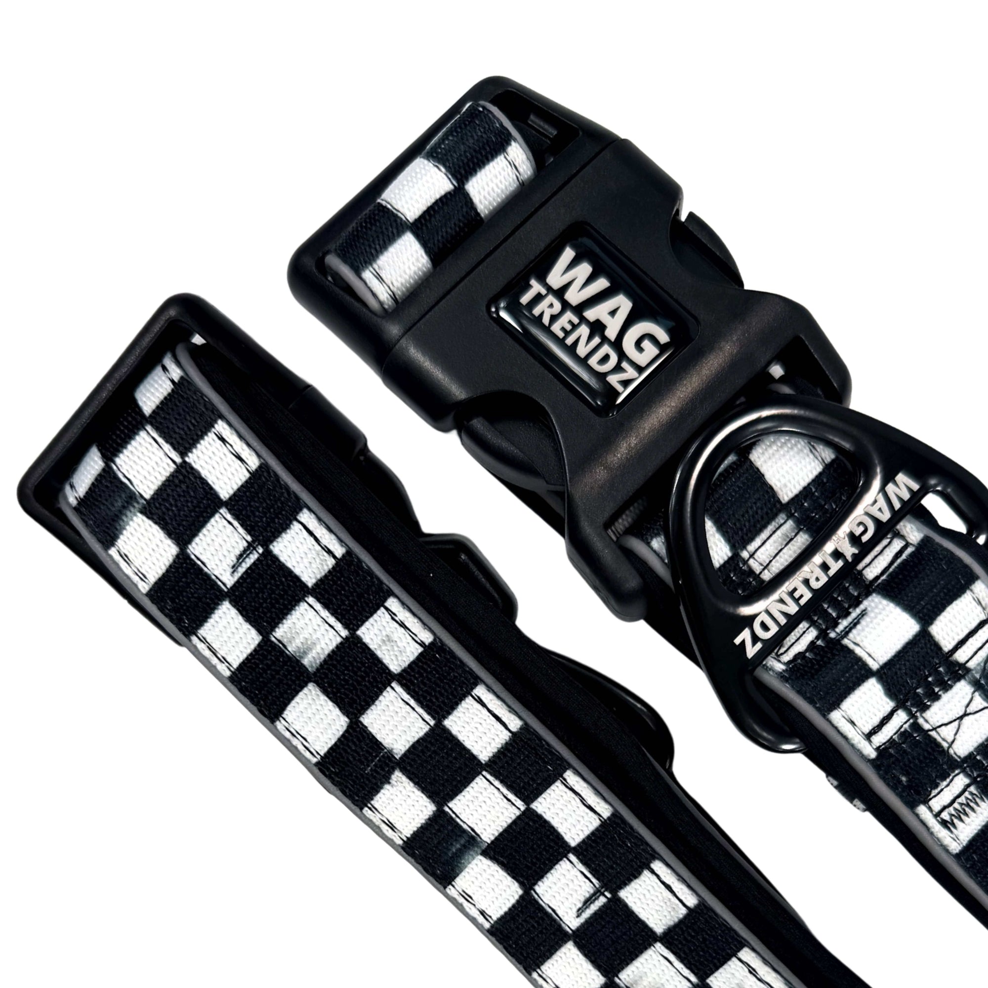 Reflective dog collar with black and white checkered design and branded buckle
