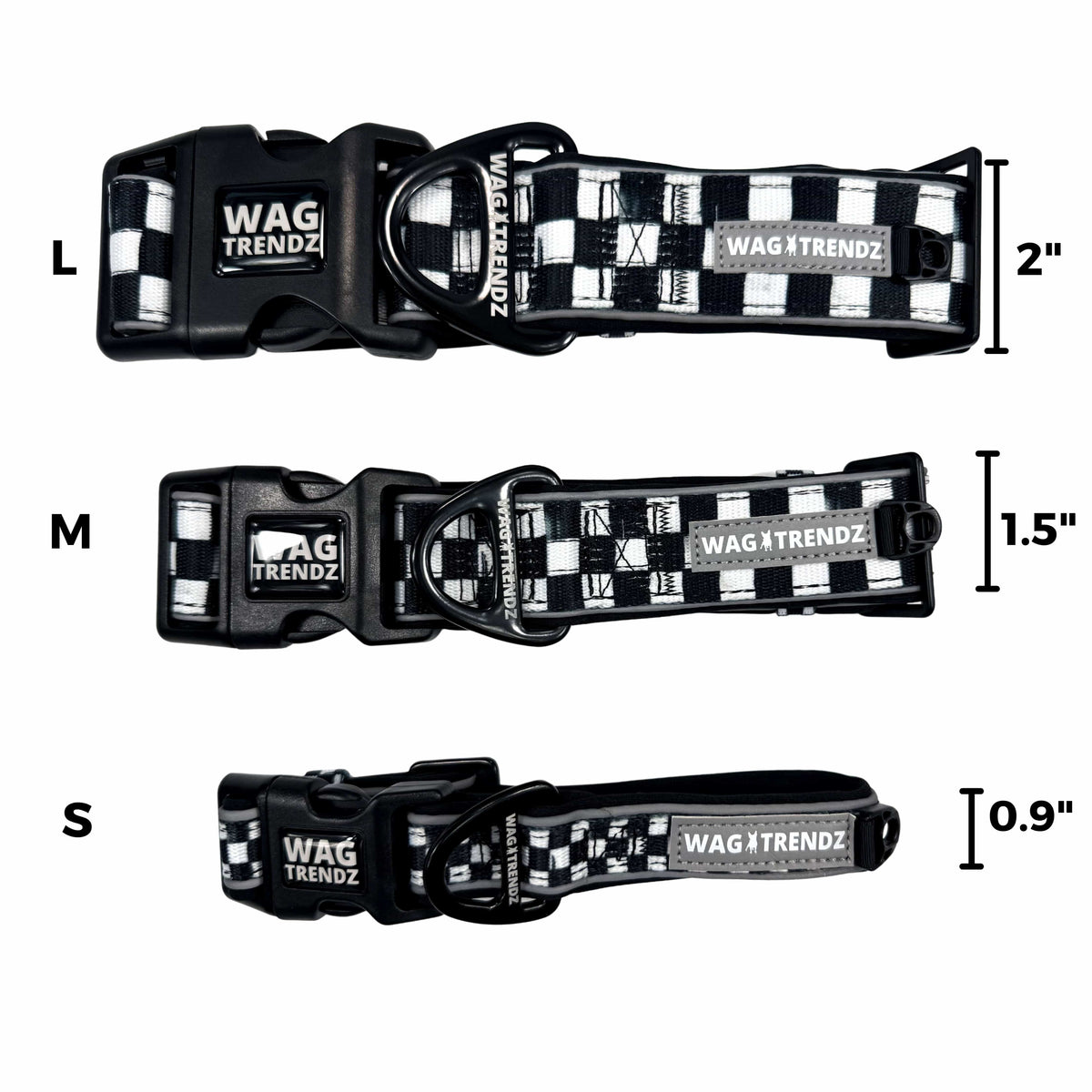 Reflective dog collars in three sizes and widths (small, medium and large)