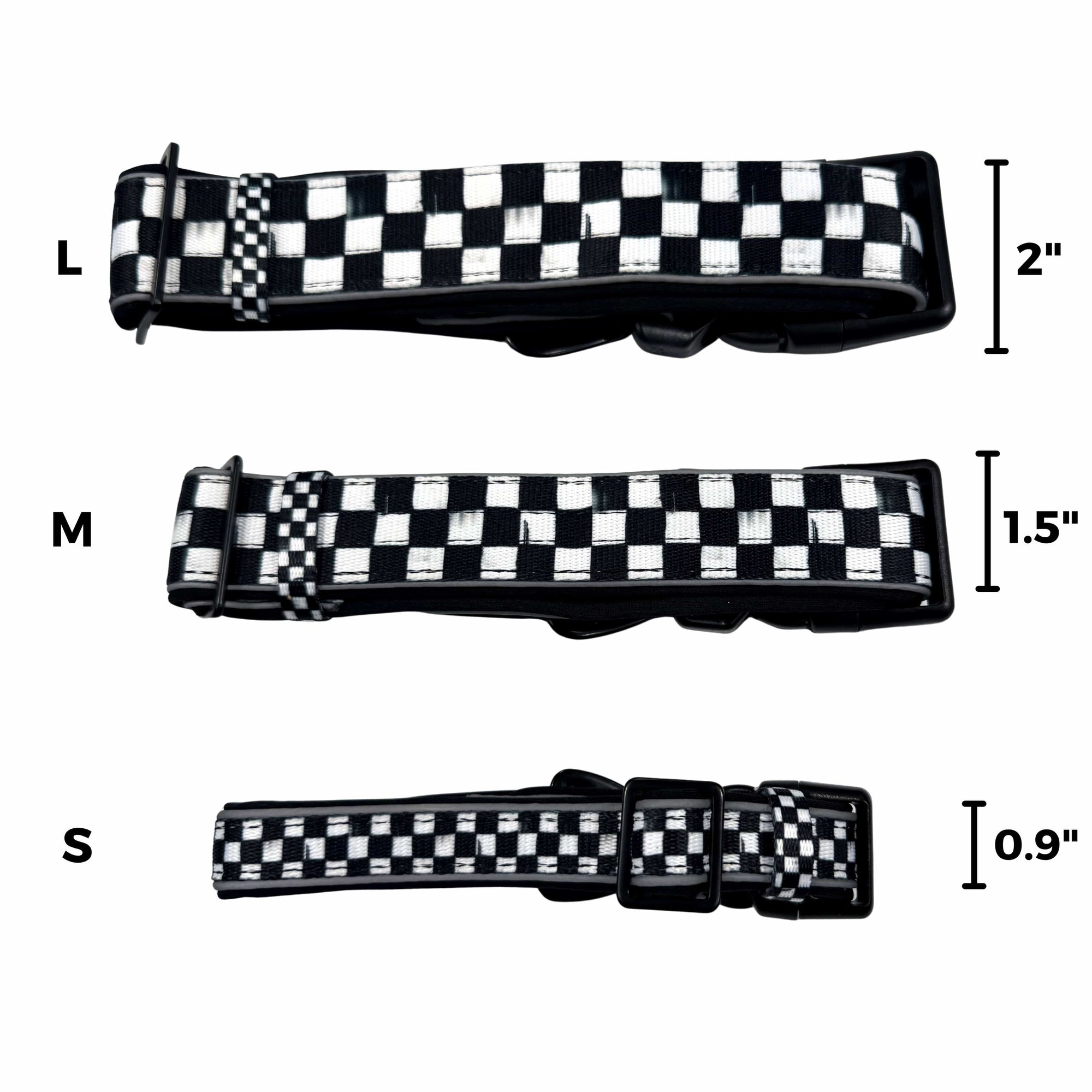 Reflective dog collars in black and white checkered pattern - small, medium, and large widths