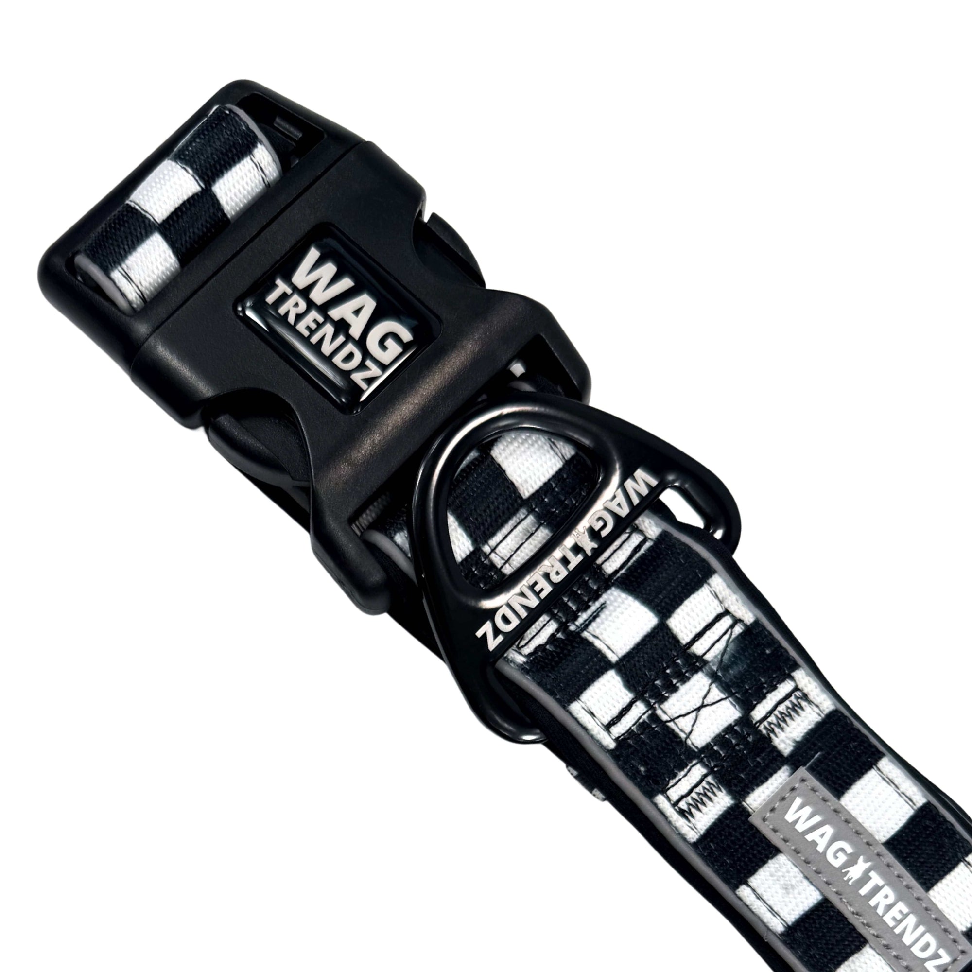 Reflective dog collar with branded buckle and checkered strap