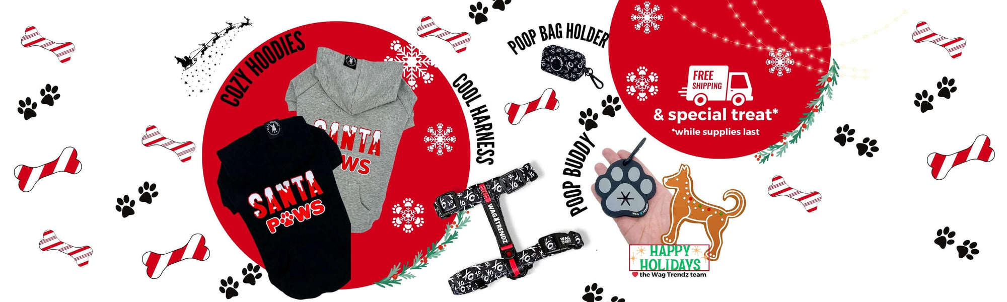Christmas Dog Clothes and Accessories - Hooded Sweatshirts for Dogs Santa Paws, dog harnesses and poop bag holders - Wag Trendz