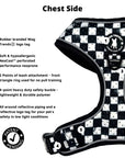 Cooling dog harness chest features infographic with black & white checkered design