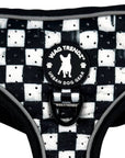 Cooling dog harness with black and white checkered design and breathable perforated neoprene
