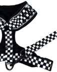 Cooling dog harness with black and white checkered design, matching leash, and black hardware