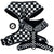 Cooling dog harness with black and white checkered design shown from multiple angles