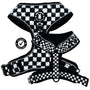 Cooling dog harness with black and white checkered design shown from multiple angles