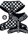 Cooling dog harness with black and white checkered design shown from multiple angles