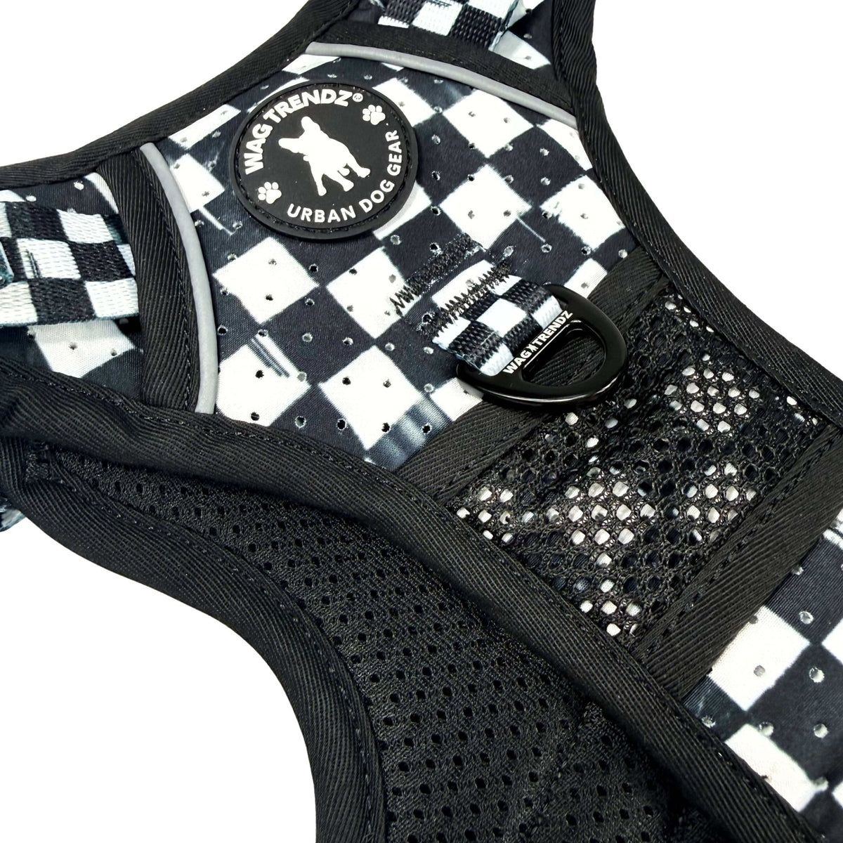 Cooling dog harness with handle, black &amp; white checkered design, air mesh padding, mesh pocket for gps or tag storage 