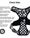 Cooling dog harness with handle chest features infographic highlighting adjustability, reflectivity, and leash attachments on black & white checkered pattern