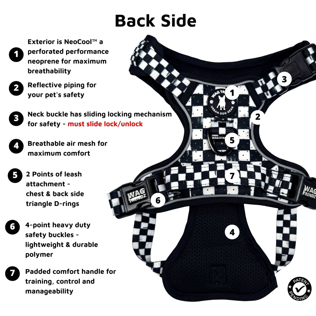 Cooling dog harness with handle features infographic highlighting reflective trim, breathable mesh, and locking buckles in black &amp; white checkered pattern